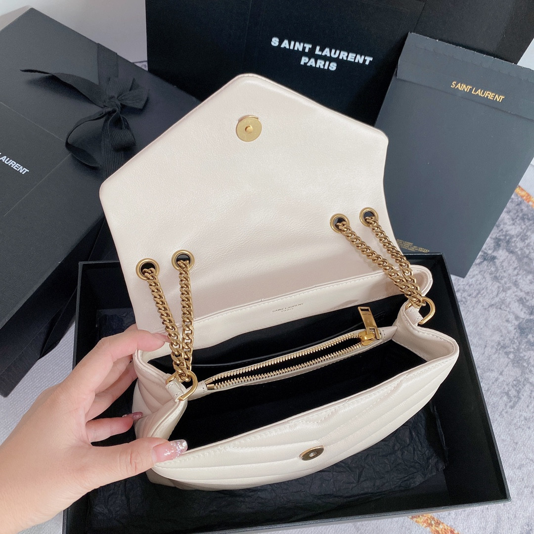 Y*L LOULOU SMALL IN QUILTED LEATHER WHITE GOLD 9 X 6.1 X 3.3 INCHES