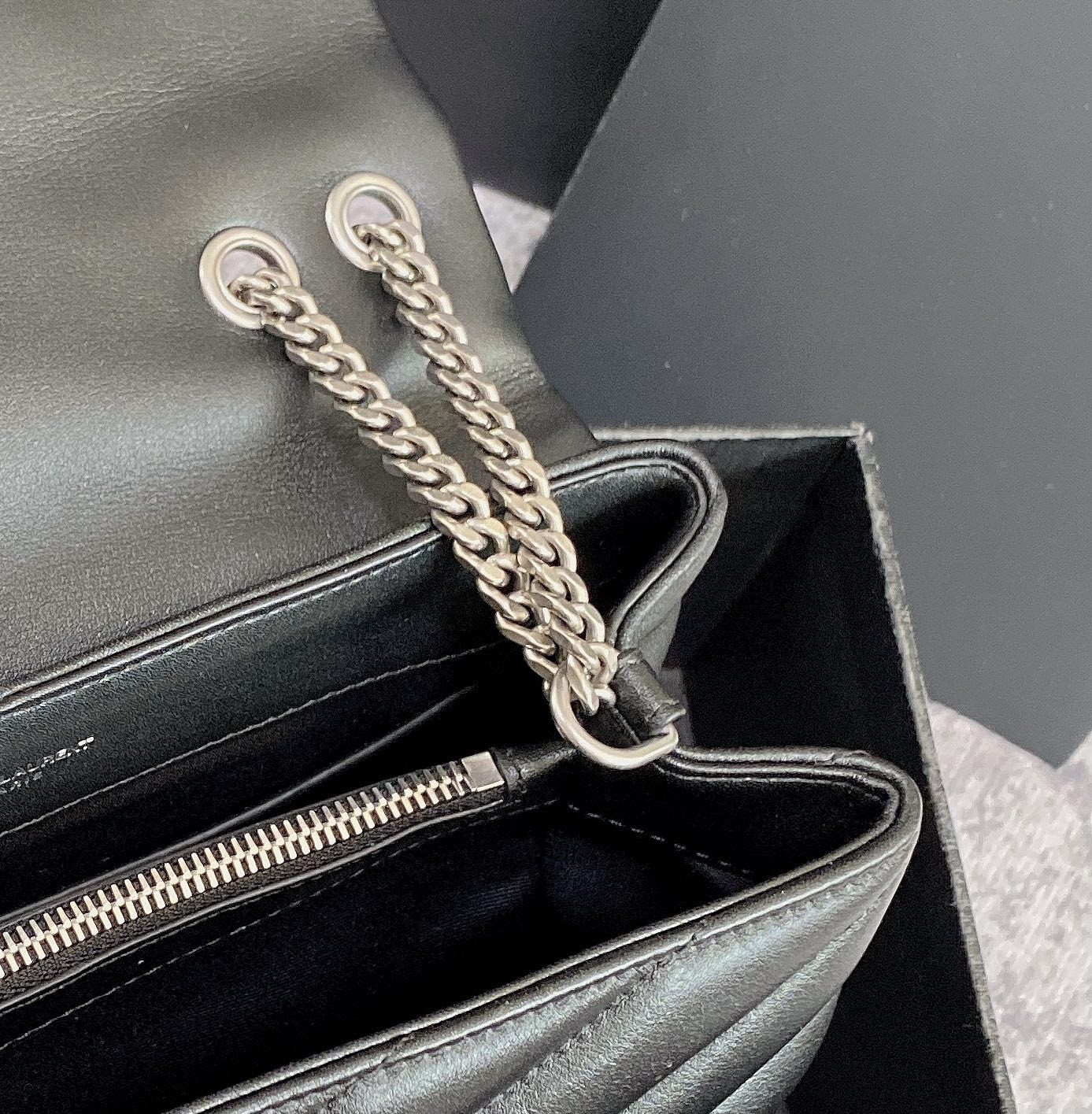 Y*L LOULOU SMALL IN QUILTED LEATHER BLACK SILVER 9 X 6.1 X 3.3 INCHES