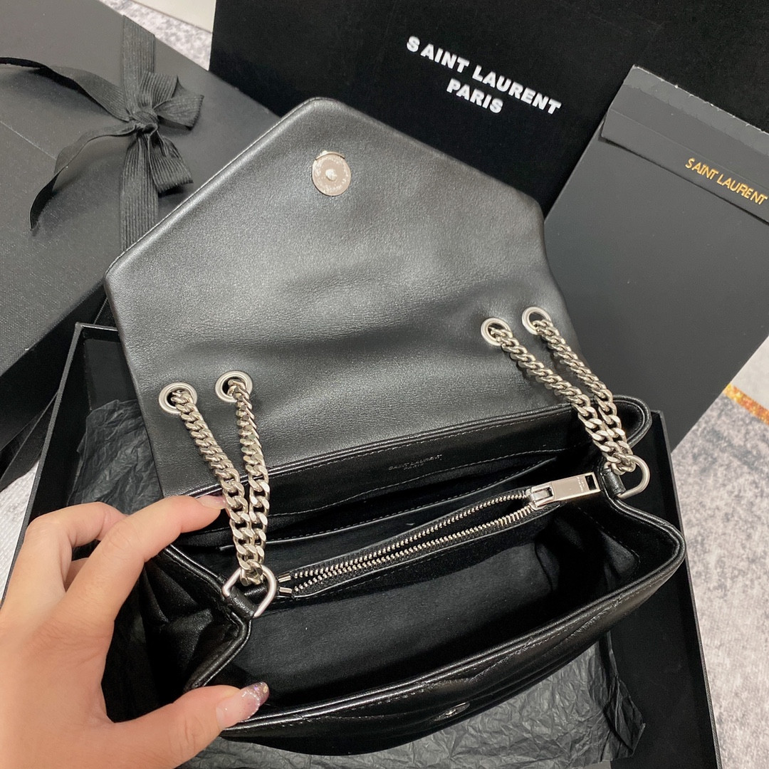 Y*L LOULOU SMALL IN QUILTED LEATHER BLACK SILVER 9 X 6.1 X 3.3 INCHES
