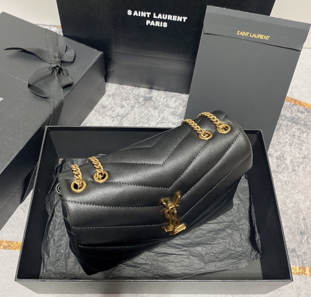 Y*L LOULOU SMALL IN QUILTED LEATHER BLACK GOLD 9 X 6.1 X 3.3 INCHES