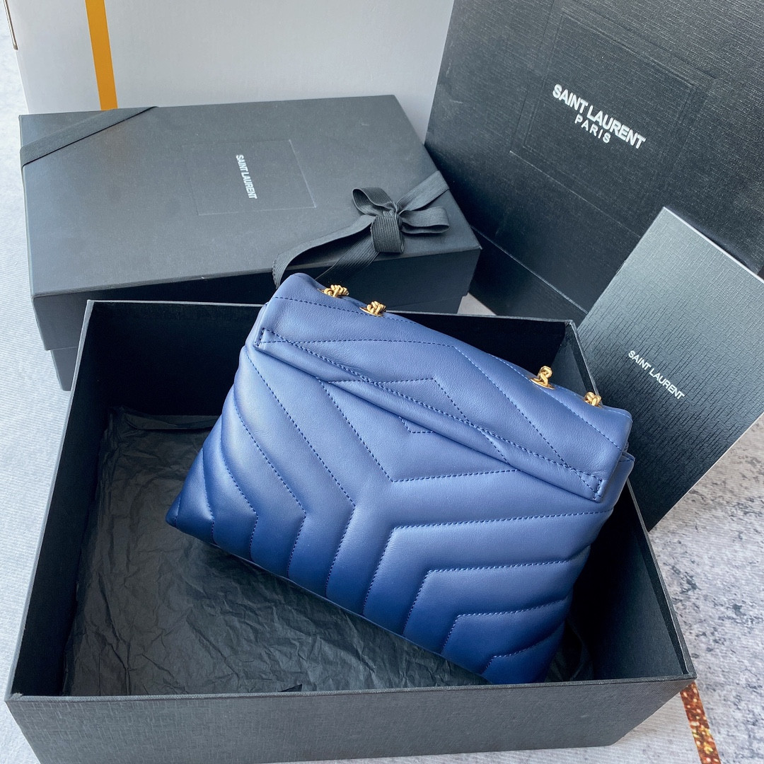 Y*L LOULOU SMALL IN QUILTED LEATHER BLUE GOLD 9 X 6.1 X 3.3 INCHES
