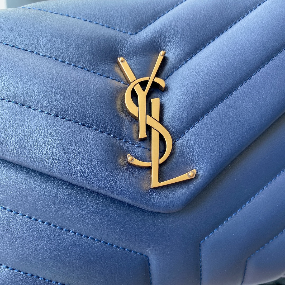 Y*L LOULOU SMALL IN QUILTED LEATHER BLUE GOLD 9 X 6.1 X 3.3 INCHES