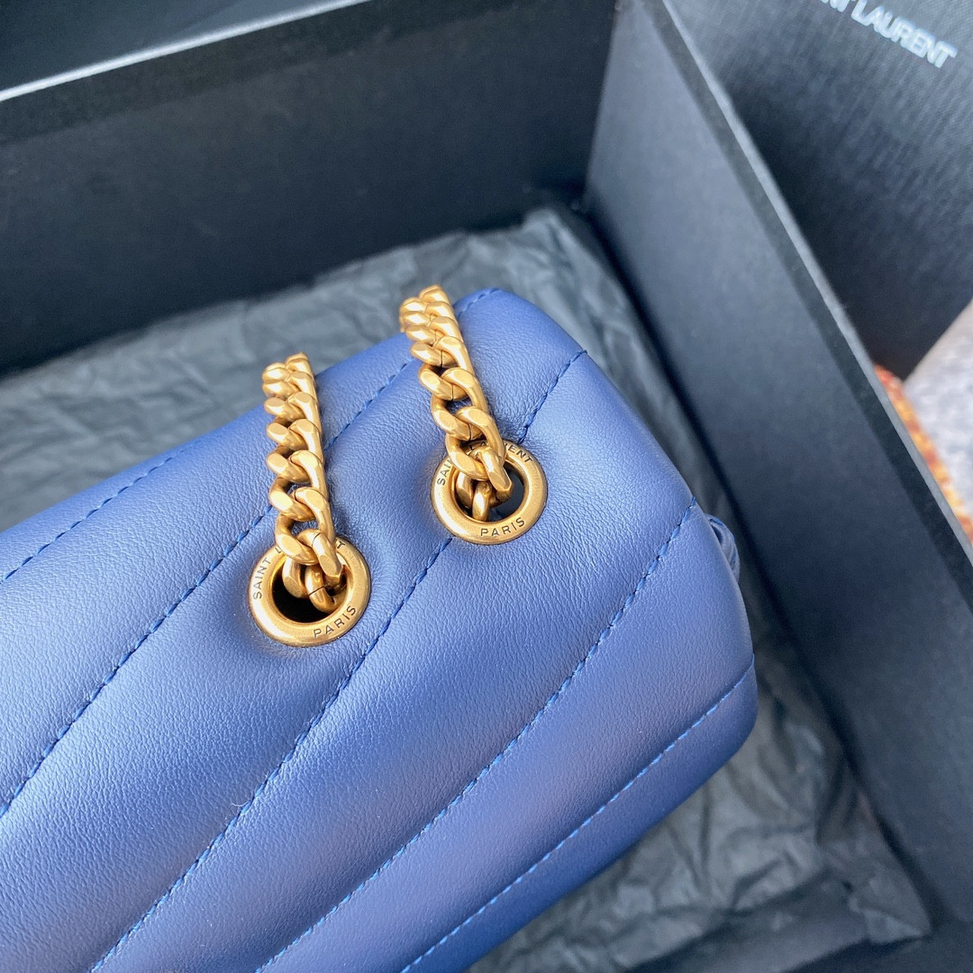 Y*L LOULOU SMALL IN QUILTED LEATHER BLUE GOLD 9 X 6.1 X 3.3 INCHES