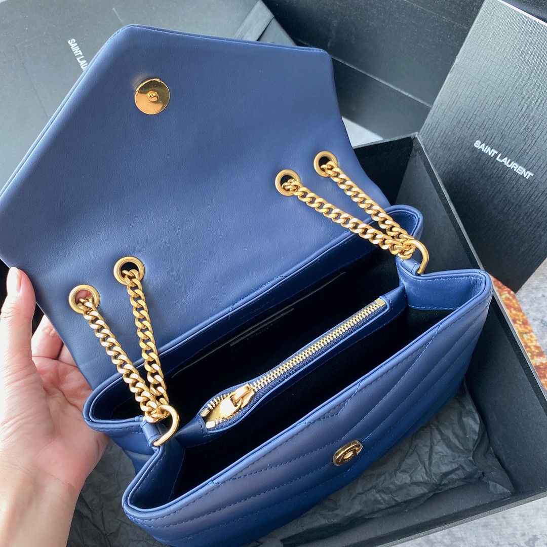 Y*L LOULOU SMALL IN QUILTED LEATHER BLUE GOLD 9 X 6.1 X 3.3 INCHES