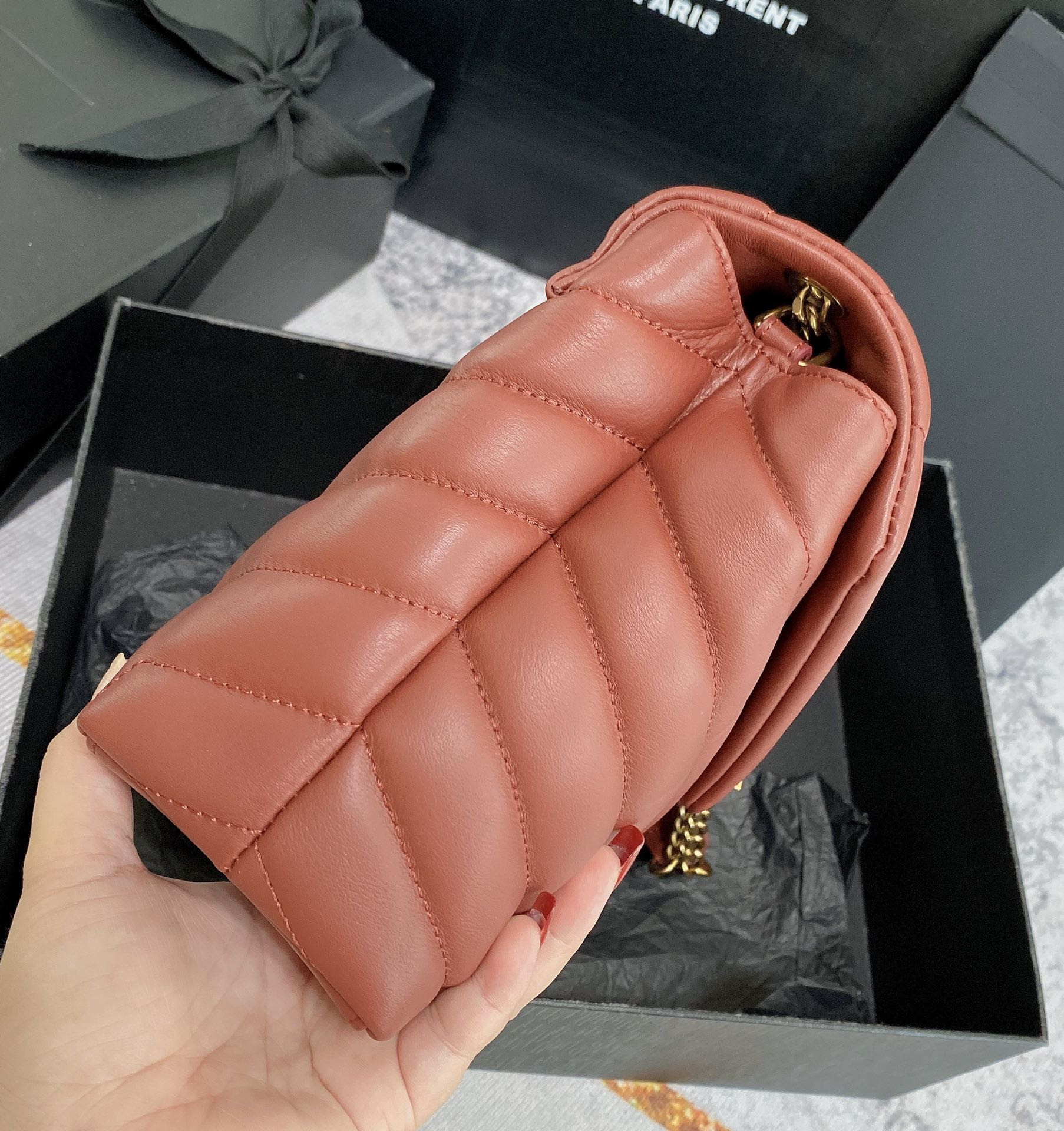 Y*L LOULOU SMALL IN QUILTED LEATHER RED GOLD 9 X 6.1 X 3.3 INCHES