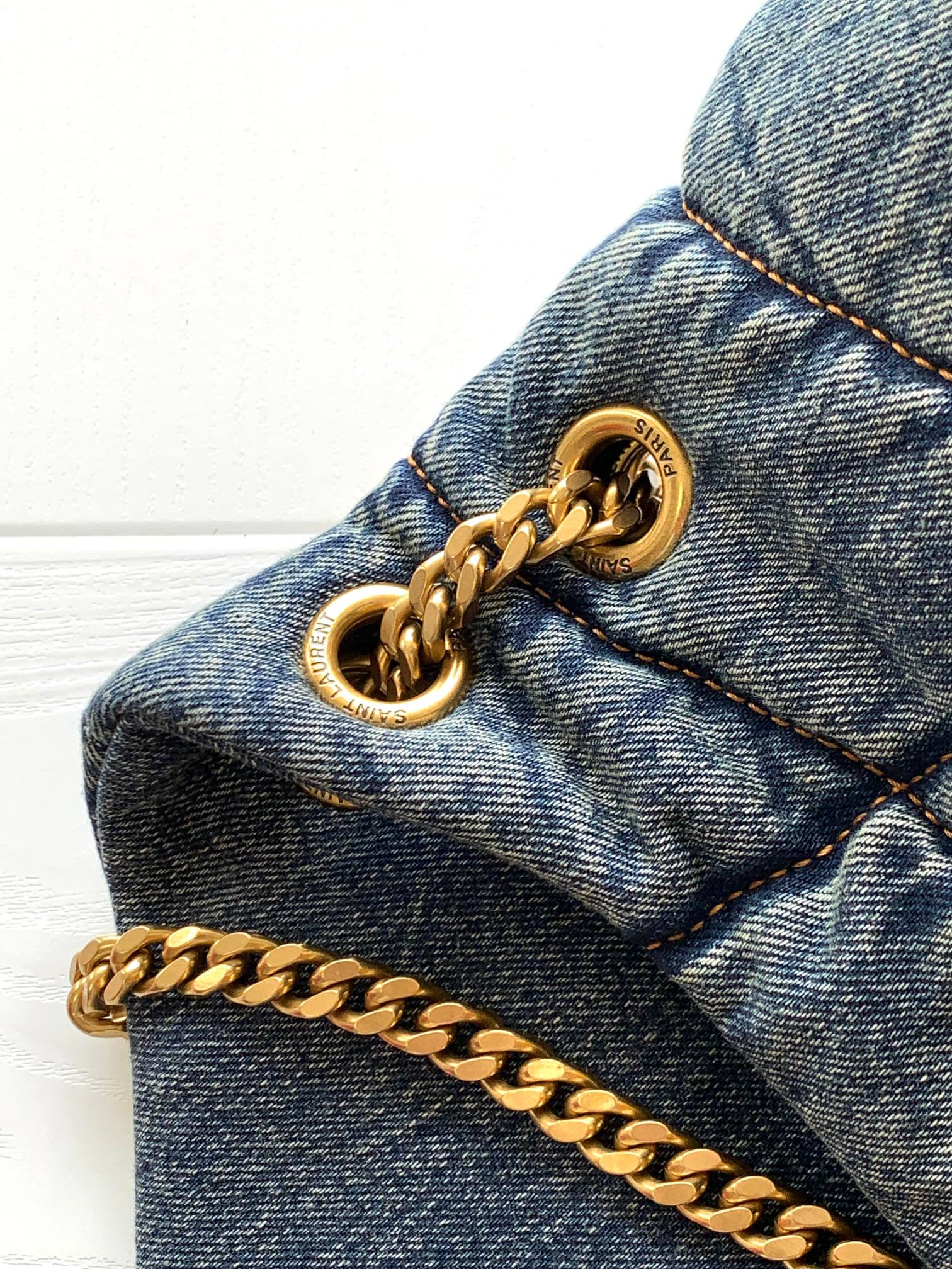Y*L PUFFER SMALL IN SUEDE AND DENIM RODEO BLUE 11.4 X 6.6 X 4.3 INCHES
