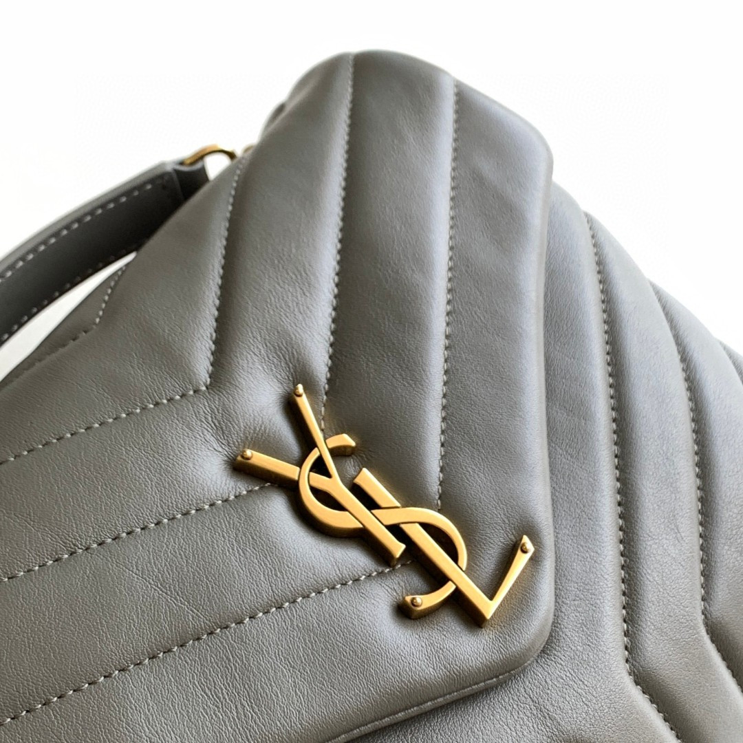 Y*L LOULOU SMALL IN QUILTED LEATHER GRAY GOLD 9 X 6.1 X 3.3 INCHES
