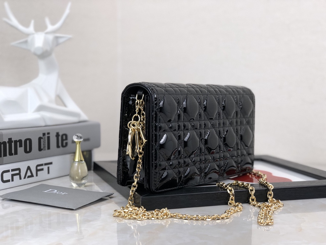 Lady D*0r Pouch Black Patent Cannage Calfskin 8.5 x 4.5 x 1 inches