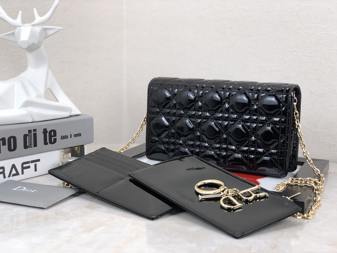 Lady D*0r Pouch Black Patent Cannage Calfskin 8.5 x 4.5 x 1 inches