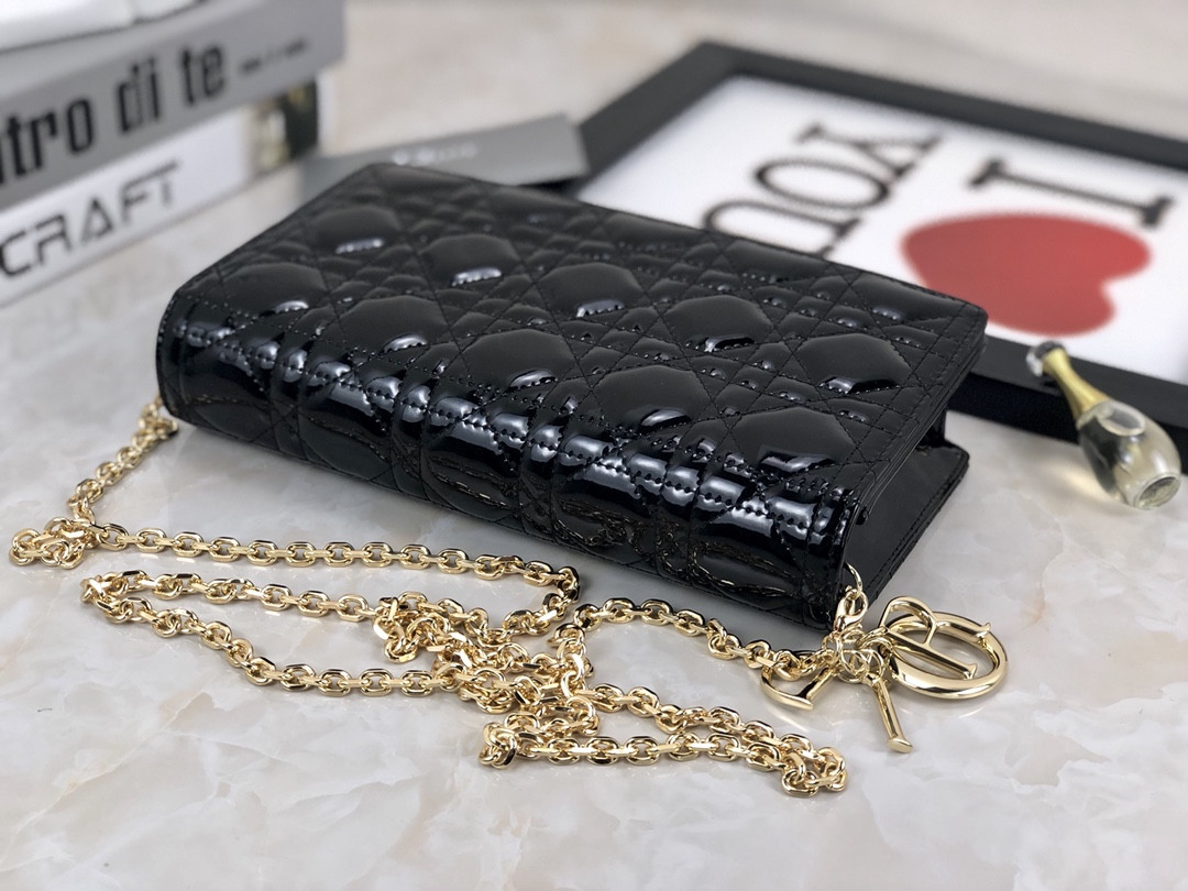 Lady D*0r Pouch Black Patent Cannage Calfskin 8.5 x 4.5 x 1 inches