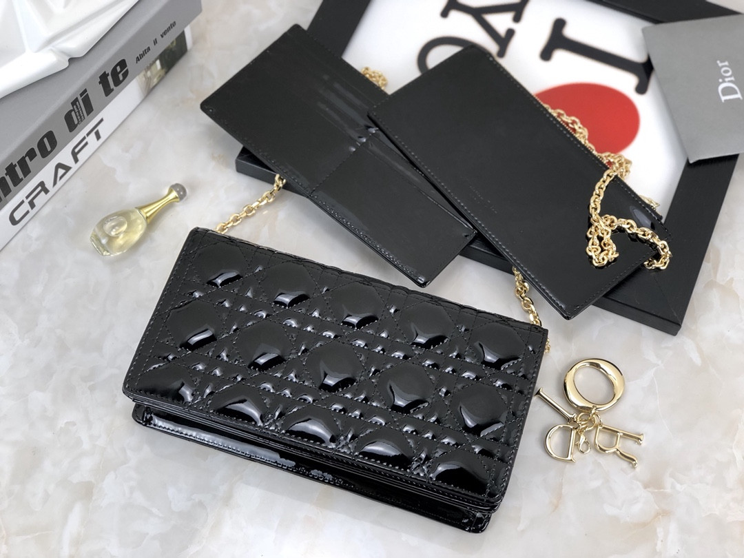 Lady D*0r Pouch Black Patent Cannage Calfskin 8.5 x 4.5 x 1 inches