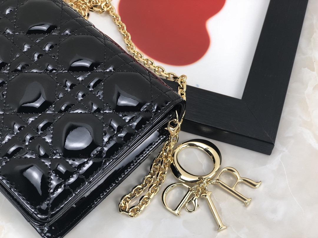 Lady D*0r Pouch Black Patent Cannage Calfskin 8.5 x 4.5 x 1 inches