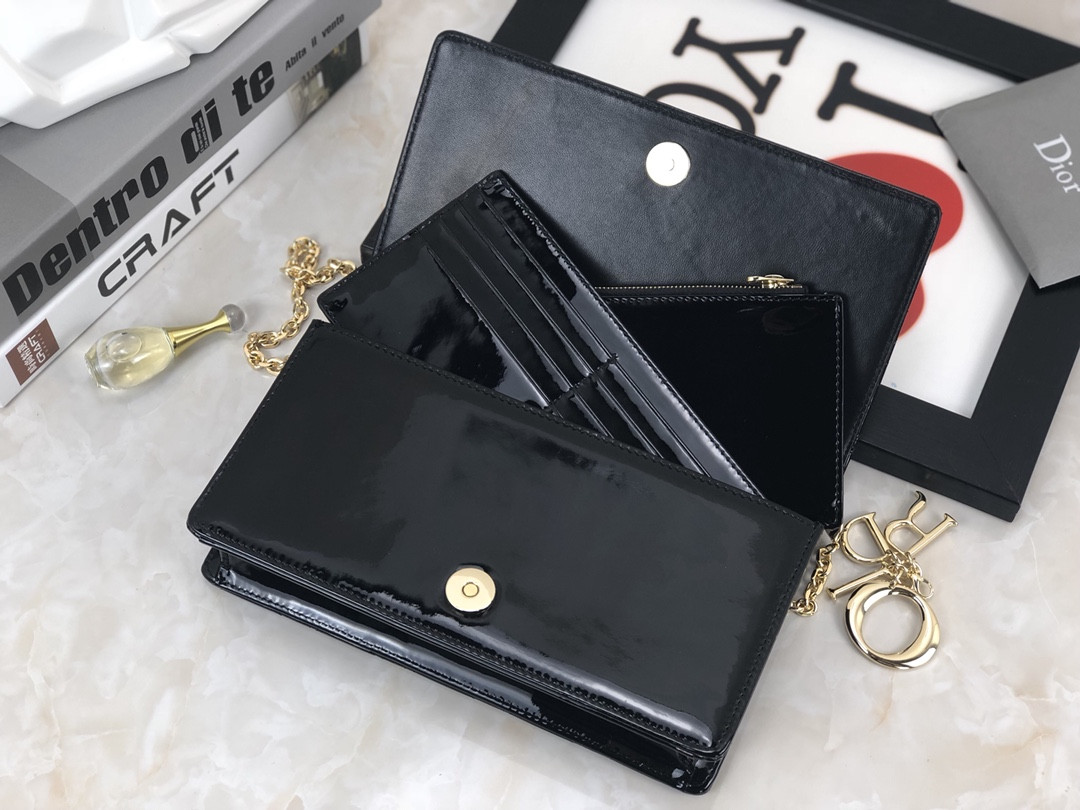 Lady D*0r Pouch Black Patent Cannage Calfskin 8.5 x 4.5 x 1 inches