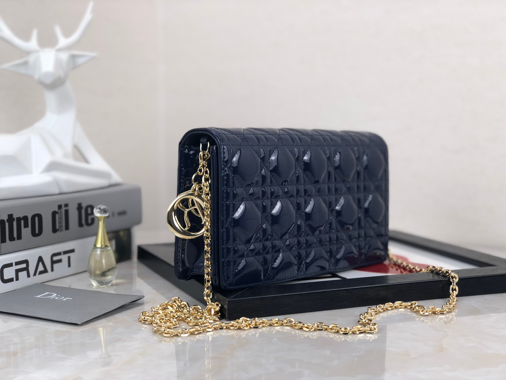 Lady D*0r Pouch Navy Patent Cannage Calfskin 8.5 x 4.5 x 1 inches