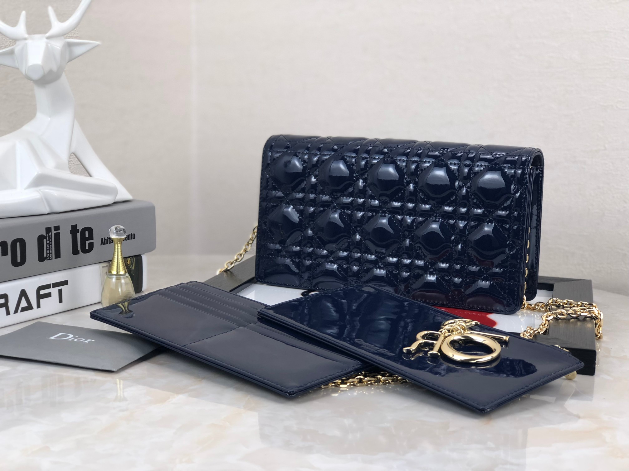 Lady D*0r Pouch Navy Patent Cannage Calfskin 8.5 x 4.5 x 1 inches