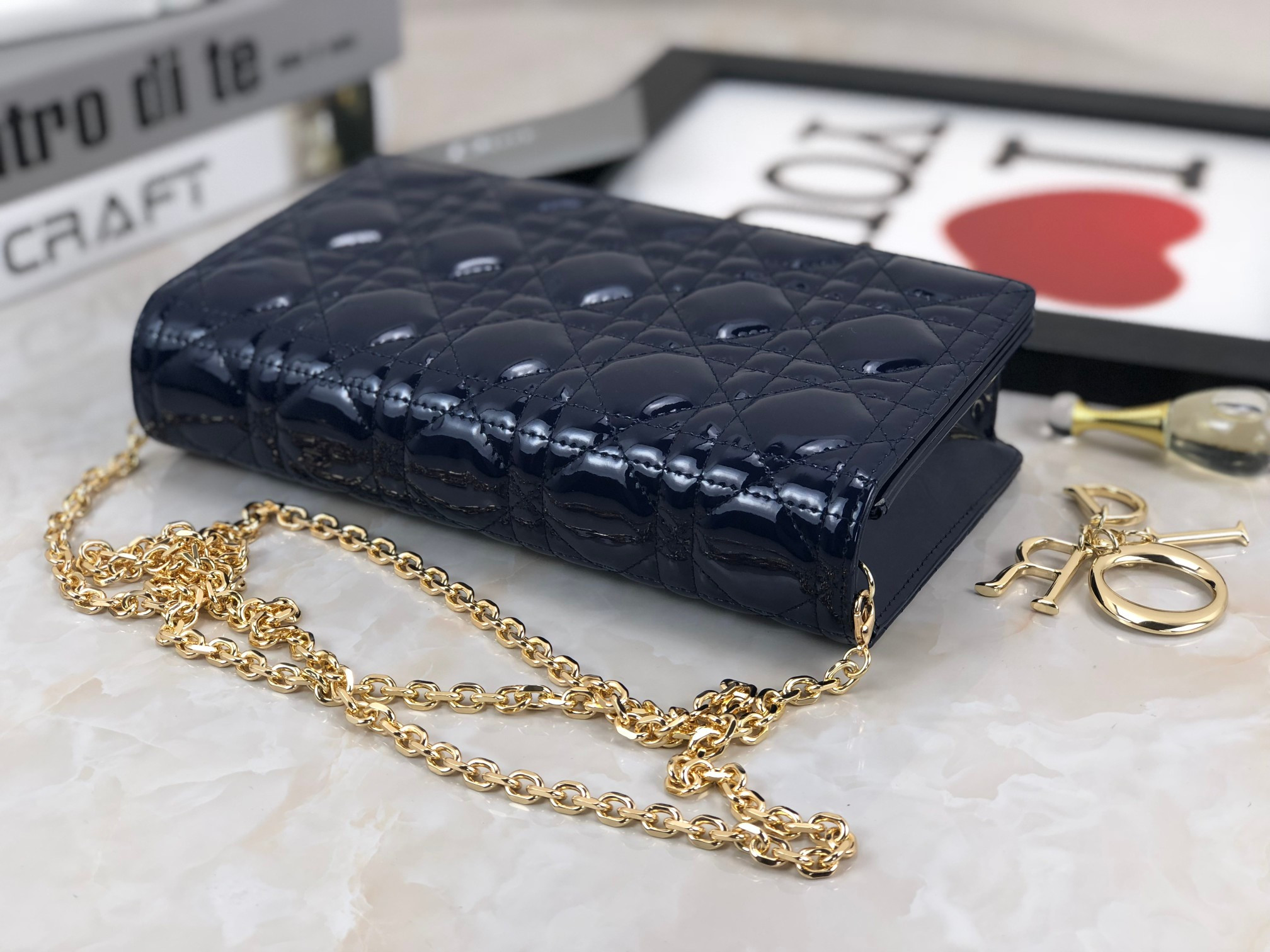 Lady D*0r Pouch Navy Patent Cannage Calfskin 8.5 x 4.5 x 1 inches