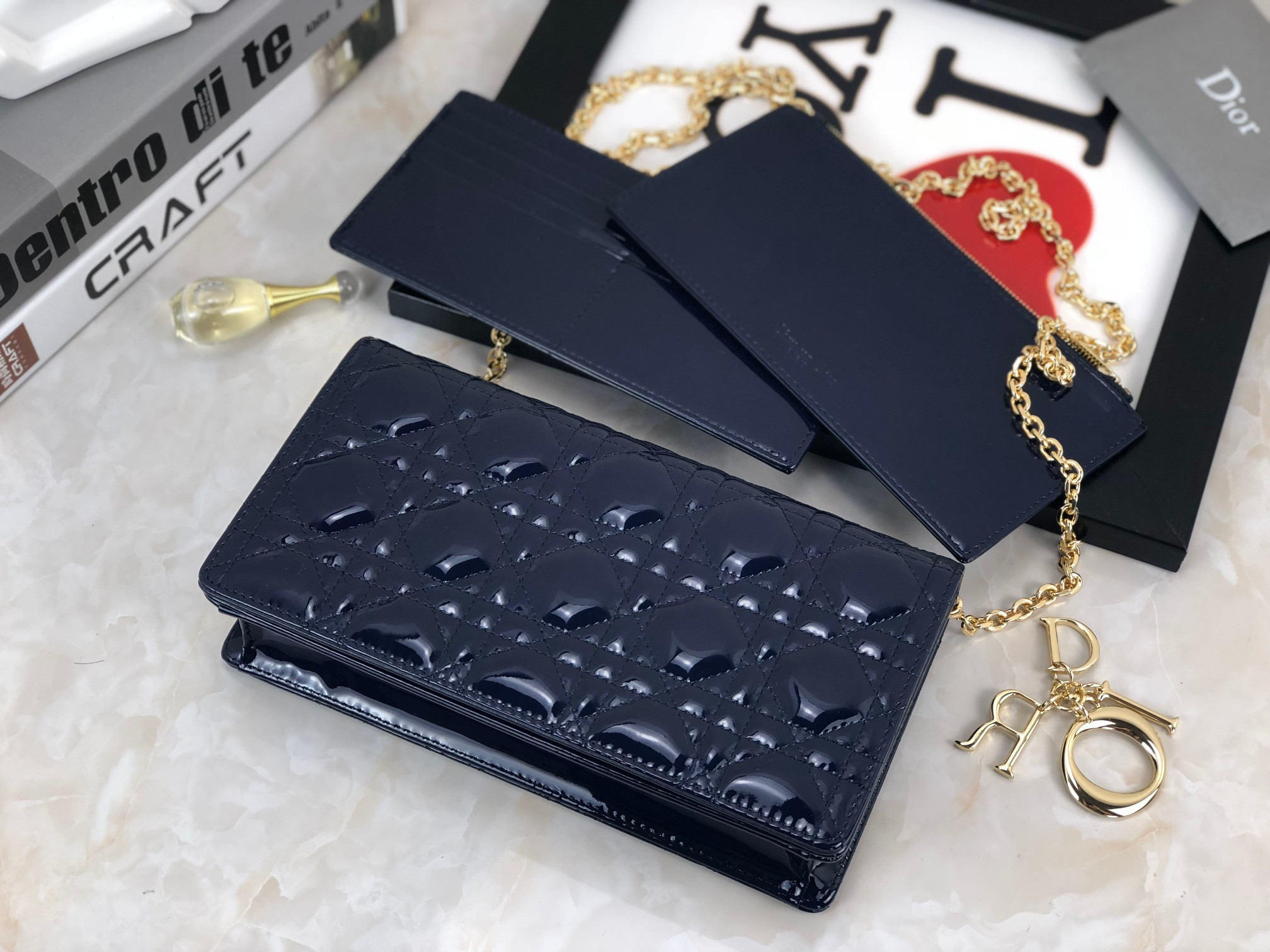 Lady D*0r Pouch Navy Patent Cannage Calfskin 8.5 x 4.5 x 1 inches