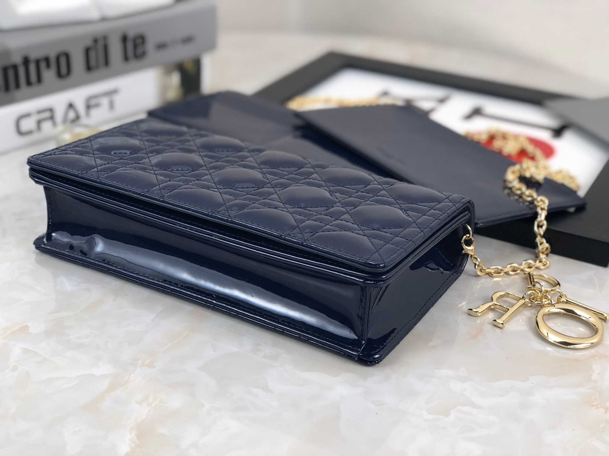 Lady D*0r Pouch Navy Patent Cannage Calfskin 8.5 x 4.5 x 1 inches