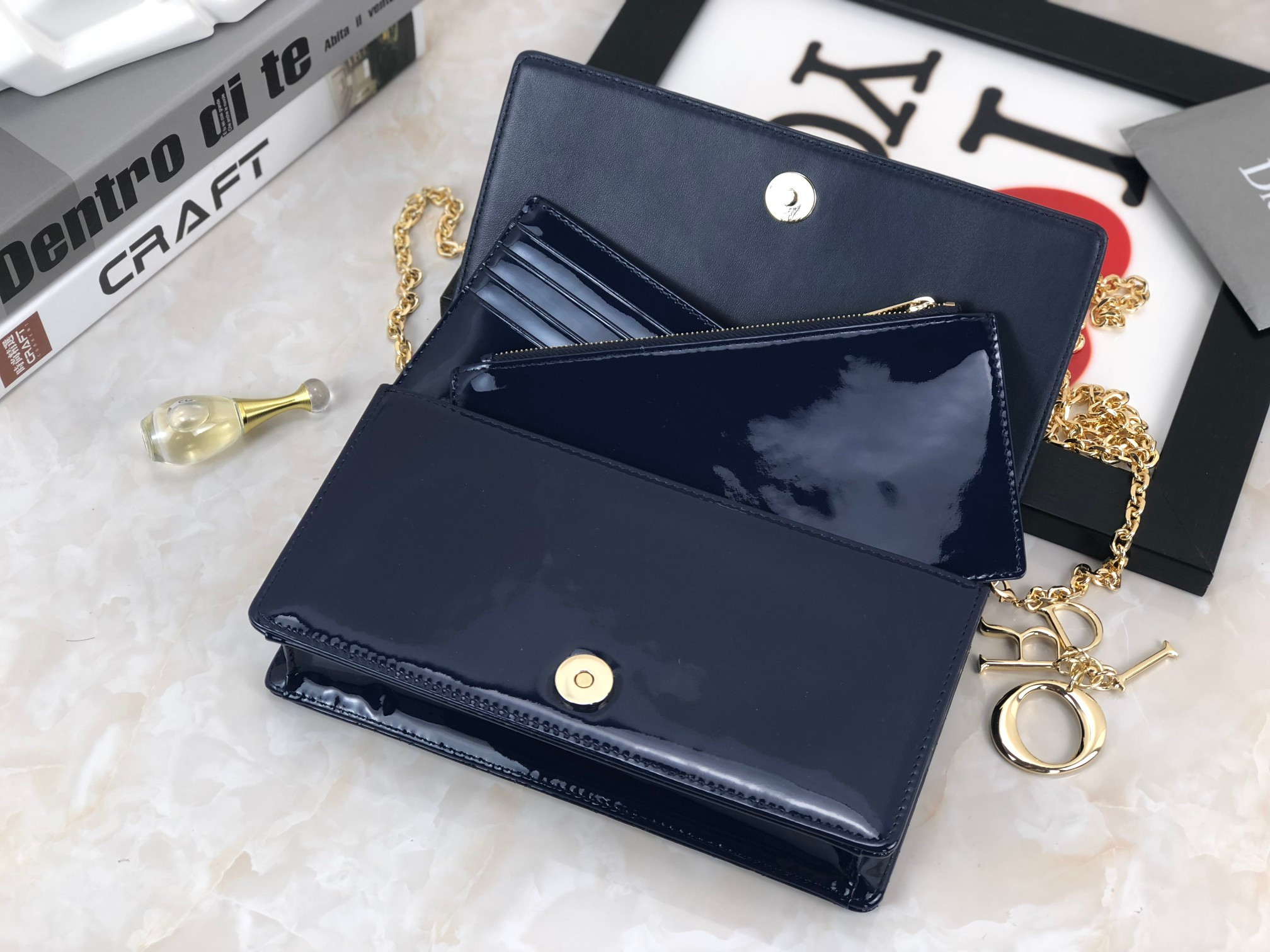 Lady D*0r Pouch Navy Patent Cannage Calfskin 8.5 x 4.5 x 1 inches