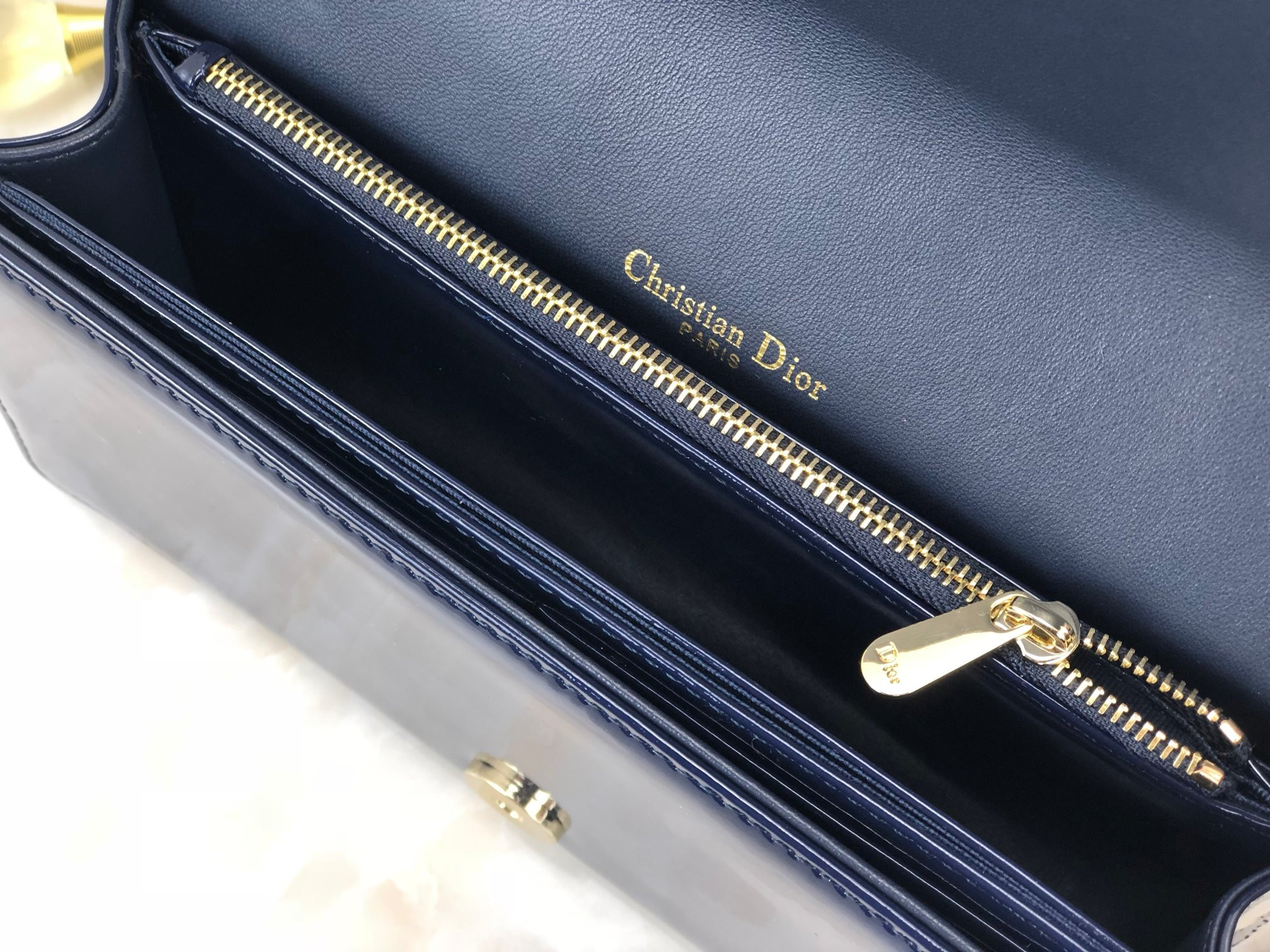 Lady D*0r Pouch Navy Patent Cannage Calfskin 8.5 x 4.5 x 1 inches