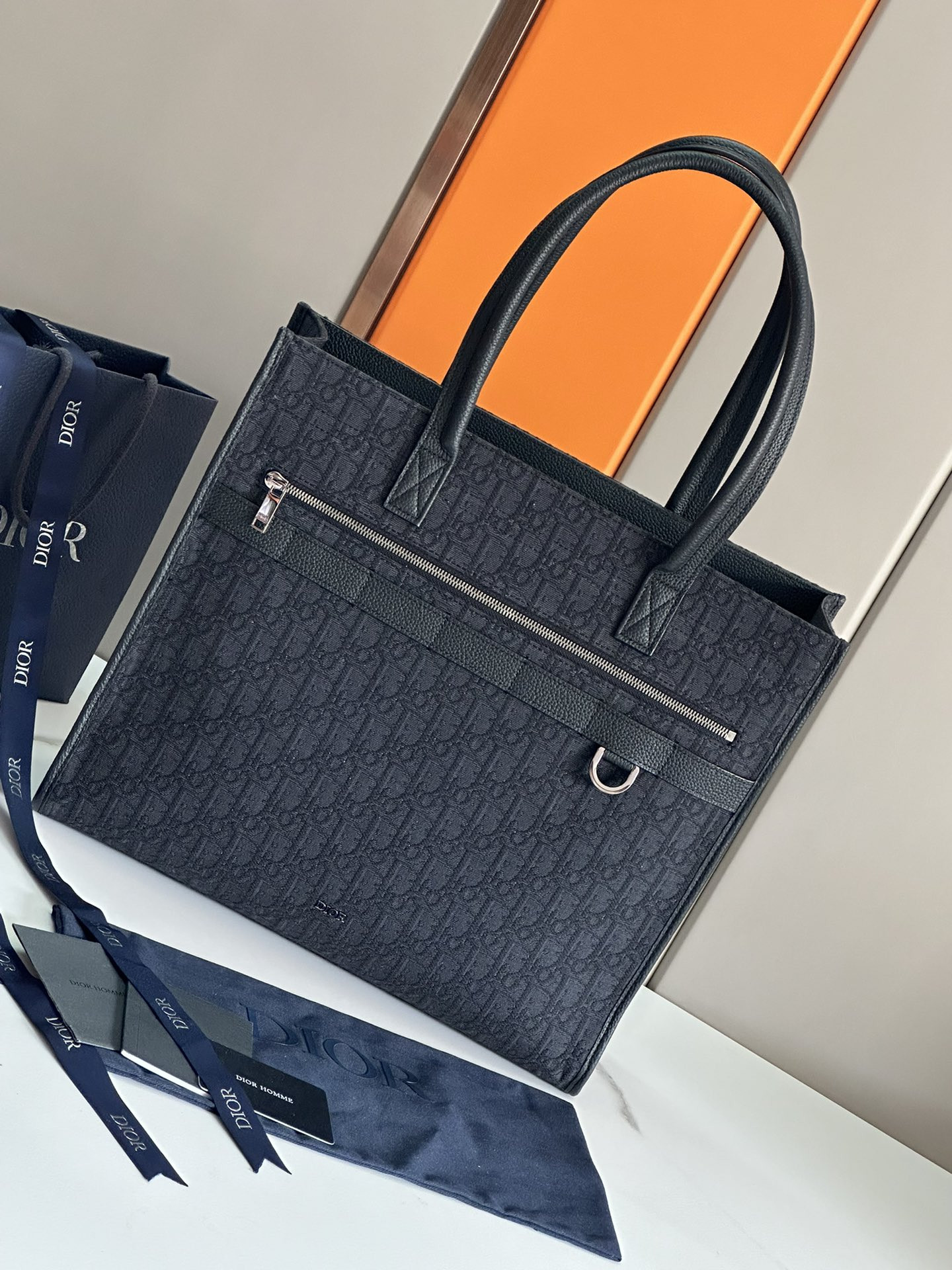 D*0r Safari Tote Bag Black D*0r Oblique Jacquard and Grained Calfskin 15.5 x 14 x 4.5 inches