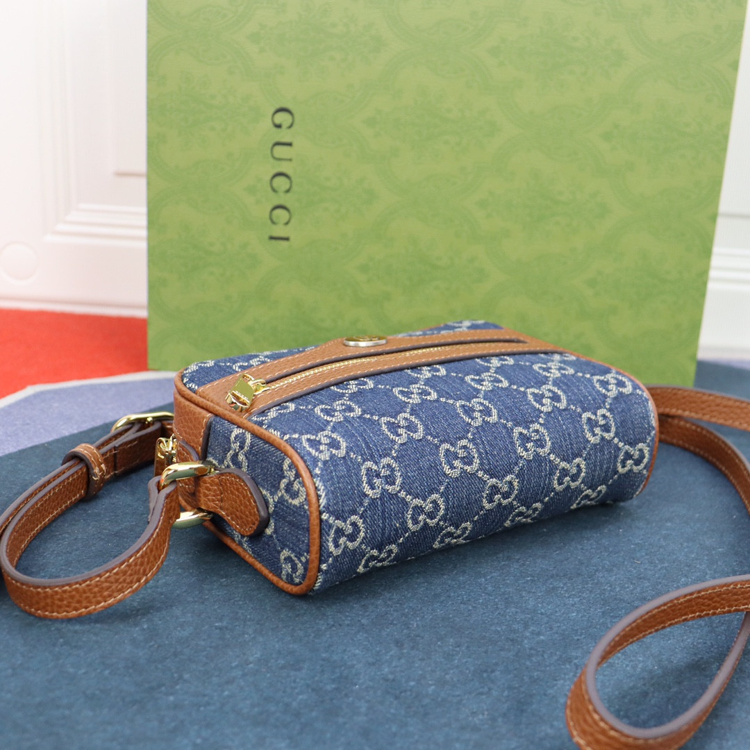 G*u*i OPHIDIA GG MINI TOP HANDLE BAG Denim Blue 6.8 W x 4.7 H x 2.1 D