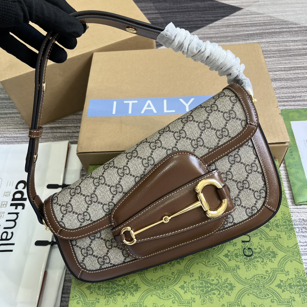 G*u*i HORSEBIT 1955 SMALL SHOULDER BAG Beige Brown 10.4"W x 6.7-4.1"H x 3.1-1.6"D