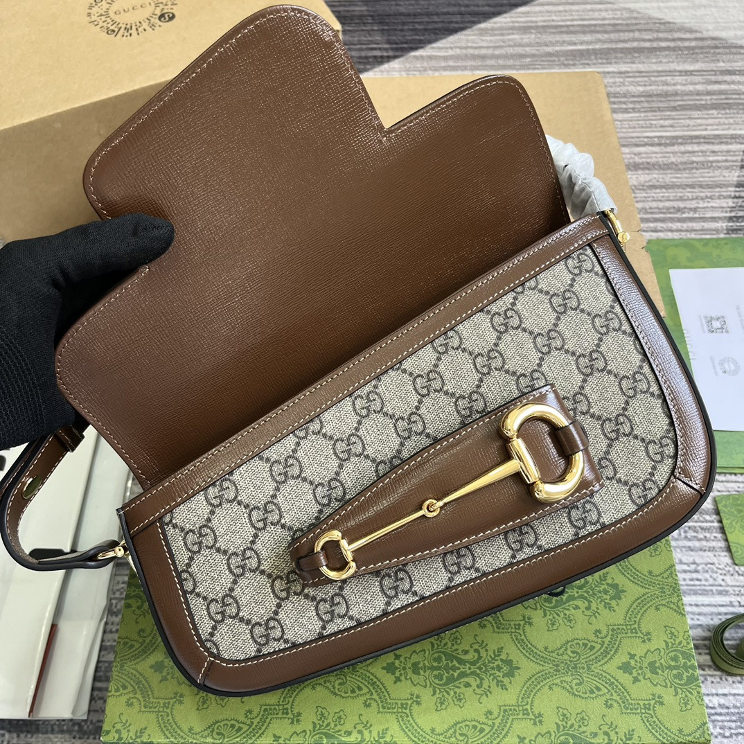 G*u*i HORSEBIT 1955 SMALL SHOULDER BAG Beige Brown 10.4"W x 6.7-4.1"H x 3.1-1.6"D