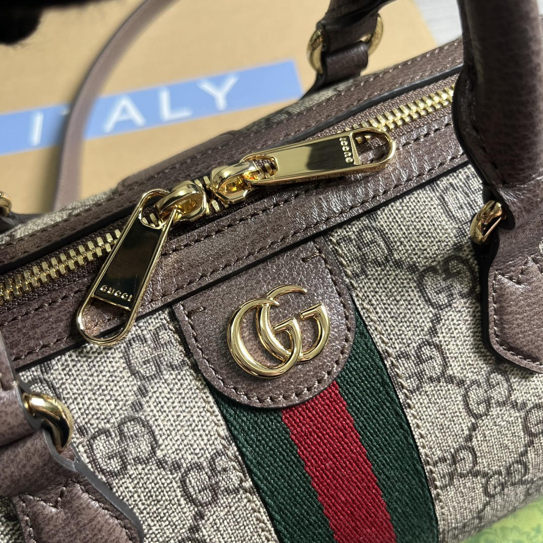 G*u*i OPHIDIA GG MINI TOP HANDLE BAG Beige and brown 8.4"W x 5.5"H x 4.5"D