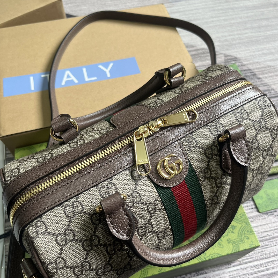 G*u*i OPHIDIA GG MINI TOP HANDLE BAG Beige and brown 8.4"W x 5.5"H x 4.5"D
