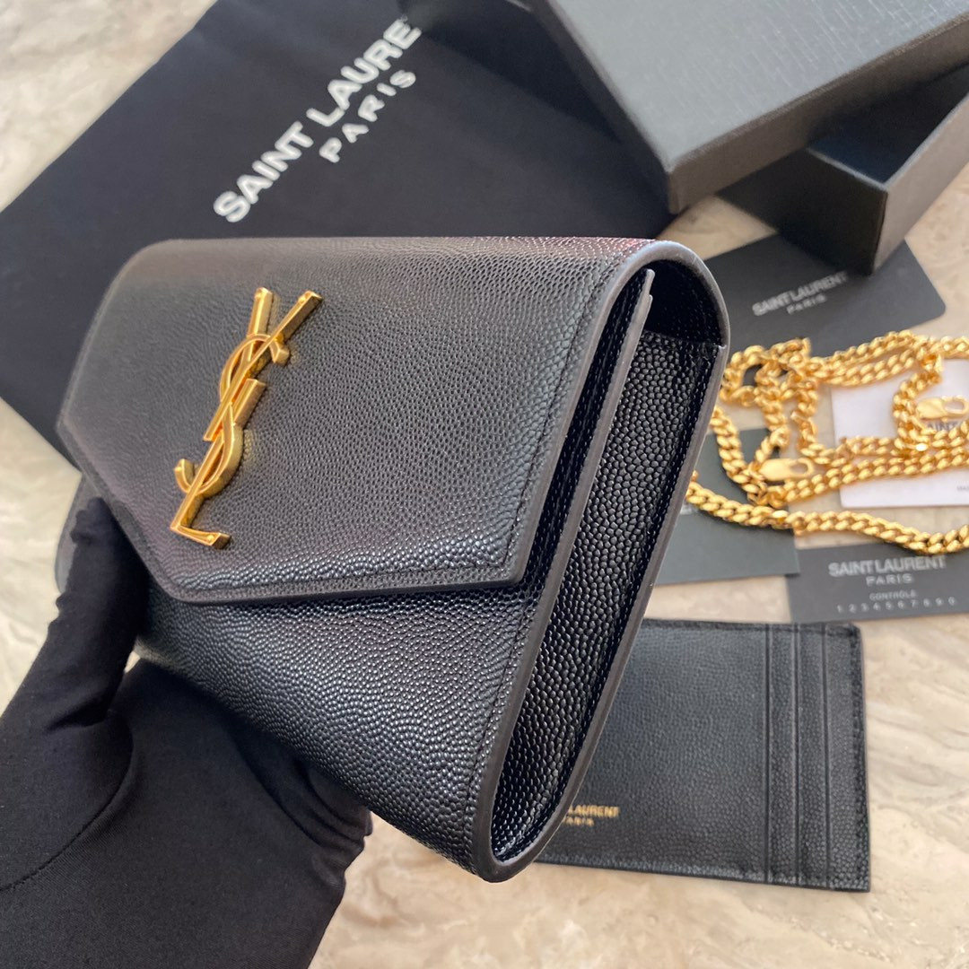 Y*L UPTOWN CHAIN WALLET IN GRAIN DE POUDRE EMBOSSED LEATHER BLACK 7.5 X 4.7 X 1.2 INCHES
