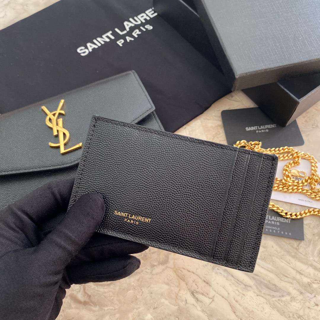 Y*L UPTOWN CHAIN WALLET IN GRAIN DE POUDRE EMBOSSED LEATHER BLACK 7.5 X 4.7 X 1.2 INCHES