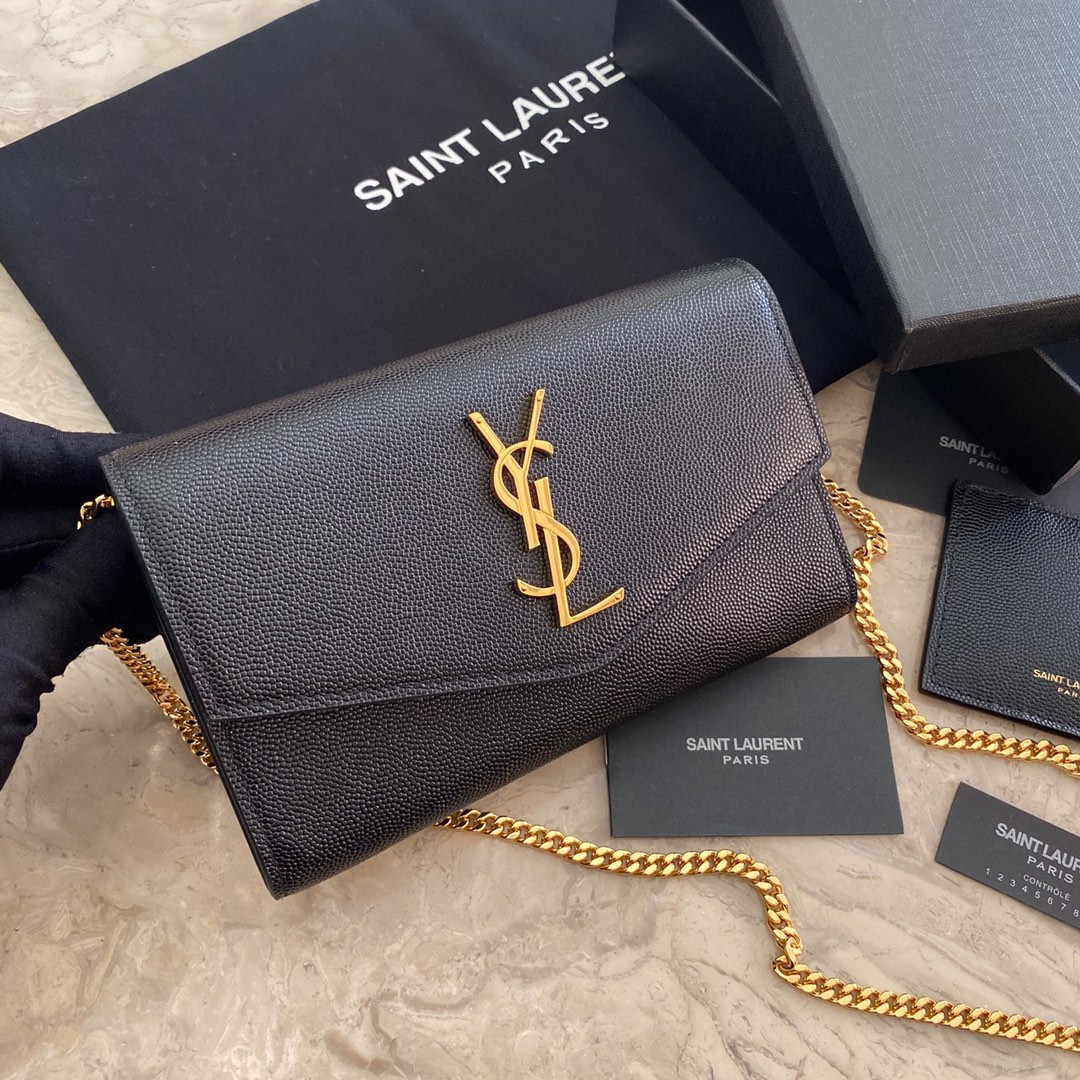 Y*L UPTOWN CHAIN WALLET IN GRAIN DE POUDRE EMBOSSED LEATHER BLACK 7.5 X 4.7 X 1.2 INCHES