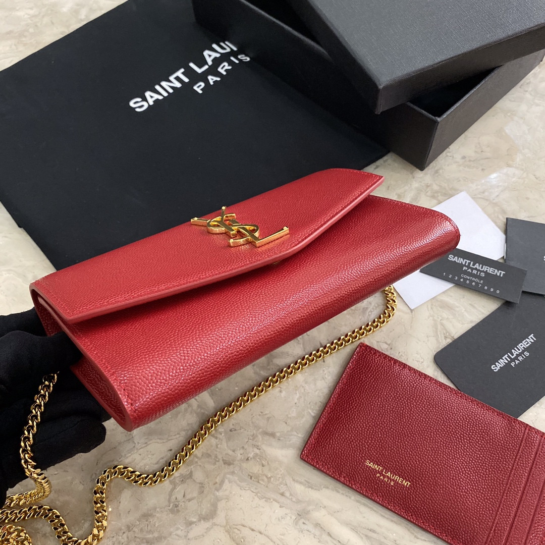 Y*L UPTOWN CHAIN WALLET IN GRAIN DE POUDRE EMBOSSED LEATHER RED 7.5 X 4.7 X 1.2 INCHES