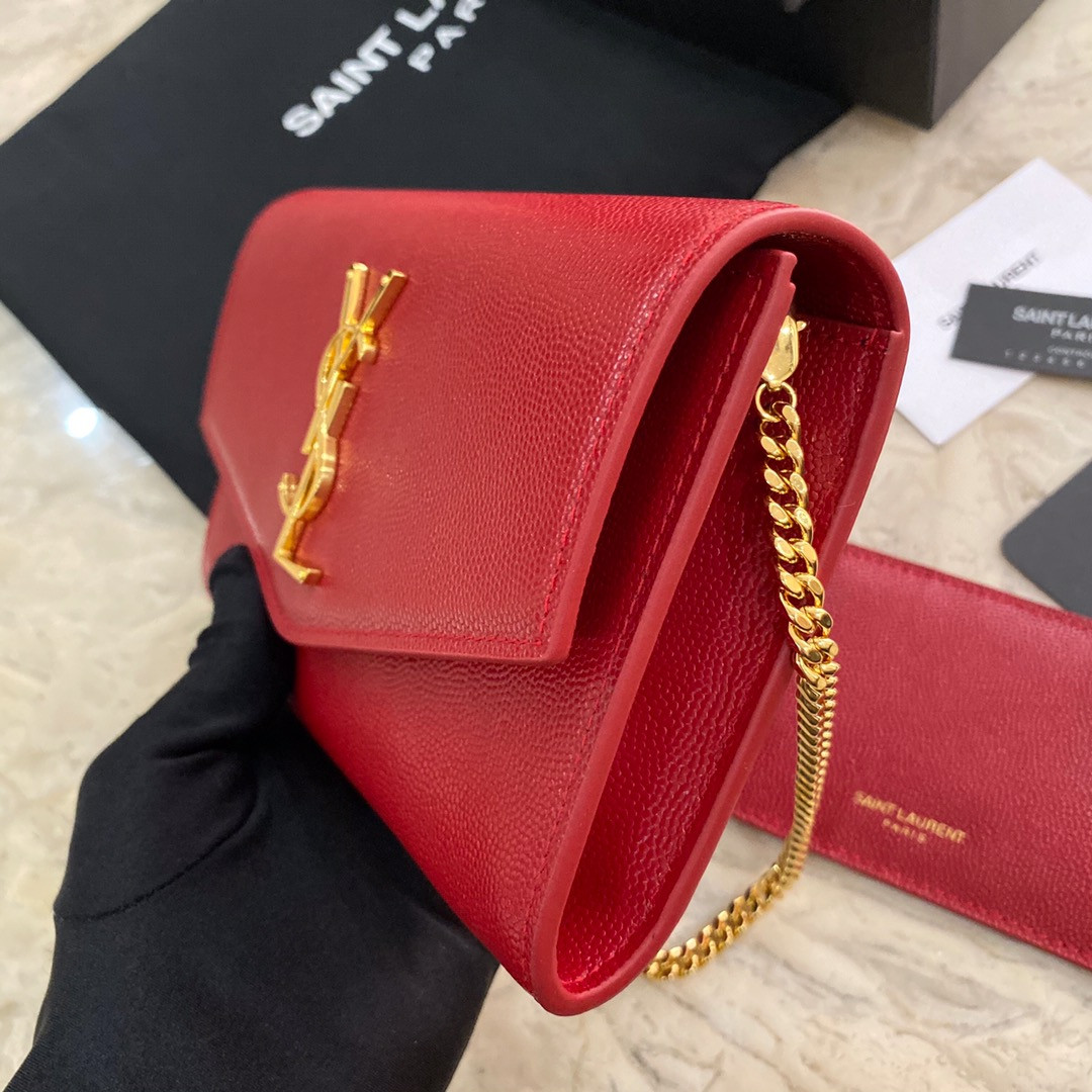 Y*L UPTOWN CHAIN WALLET IN GRAIN DE POUDRE EMBOSSED LEATHER RED 7.5 X 4.7 X 1.2 INCHES