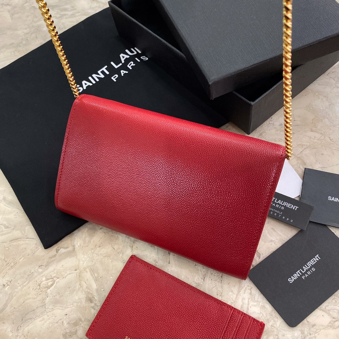 Y*L UPTOWN CHAIN WALLET IN GRAIN DE POUDRE EMBOSSED LEATHER RED 7.5 X 4.7 X 1.2 INCHES