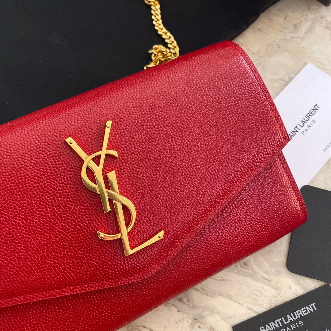 Y*L UPTOWN CHAIN WALLET IN GRAIN DE POUDRE EMBOSSED LEATHER RED 7.5 X 4.7 X 1.2 INCHES