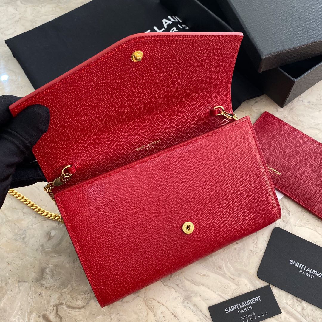 Y*L UPTOWN CHAIN WALLET IN GRAIN DE POUDRE EMBOSSED LEATHER RED 7.5 X 4.7 X 1.2 INCHES