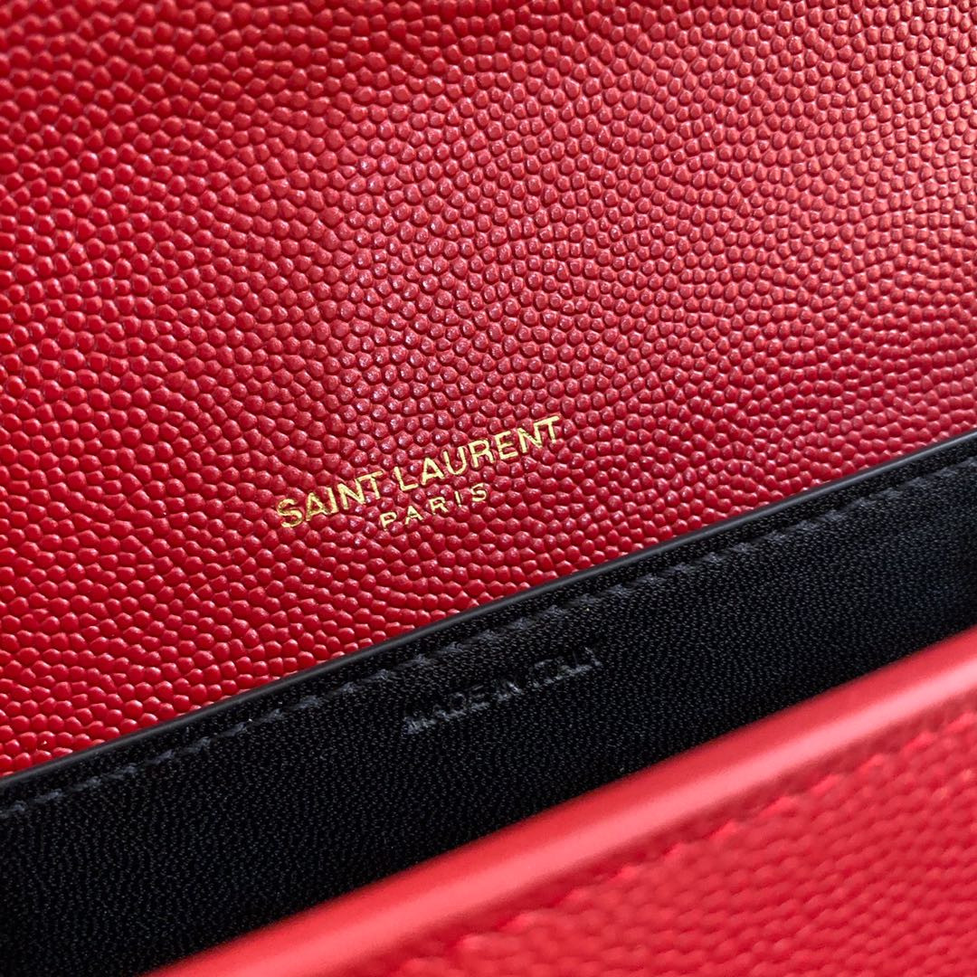 Y*L UPTOWN CHAIN WALLET IN GRAIN DE POUDRE EMBOSSED LEATHER RED 7.5 X 4.7 X 1.2 INCHES