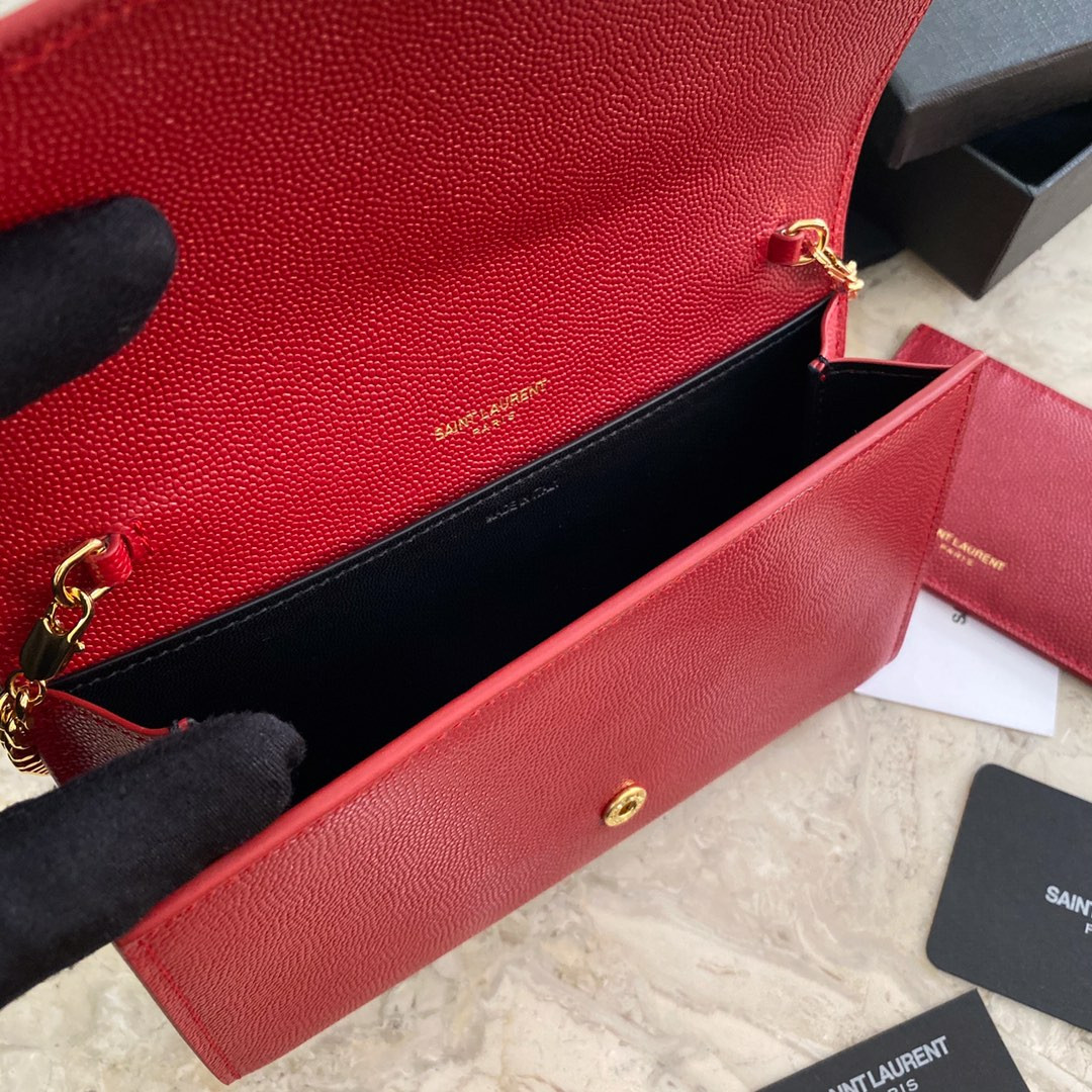 Y*L UPTOWN CHAIN WALLET IN GRAIN DE POUDRE EMBOSSED LEATHER RED 7.5 X 4.7 X 1.2 INCHES