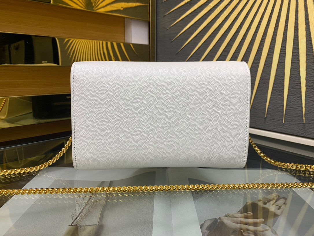 Y*L UPTOWN CHAIN WALLET IN GRAIN DE POUDRE EMBOSSED LEATHER BLANC VINTAGE 7.5 X 4.7 X 1.2 INCHES