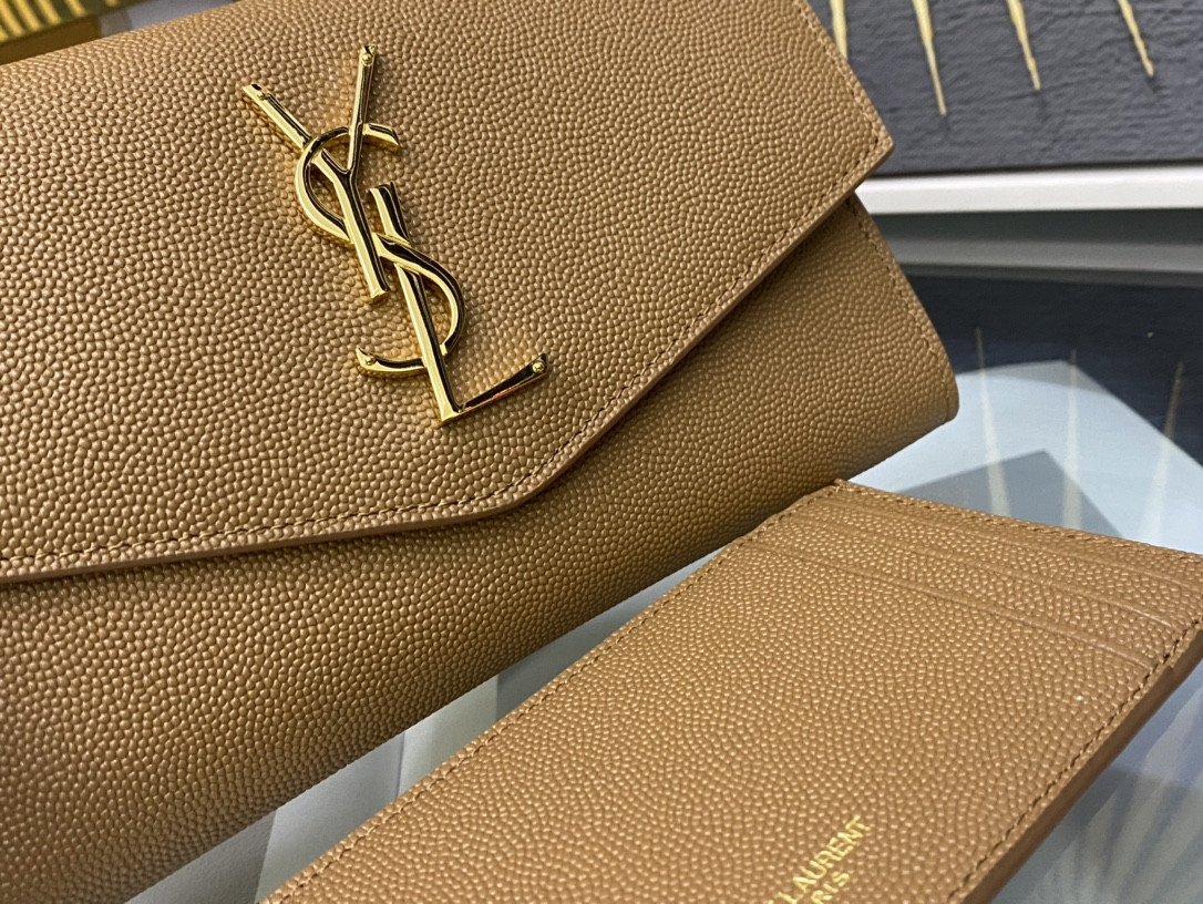 Y*L UPTOWN CHAIN WALLET IN GRAIN DE POUDRE EMBOSSED LEATHER TAUPE 7.5 X 4.7 X 1.2 INCHES