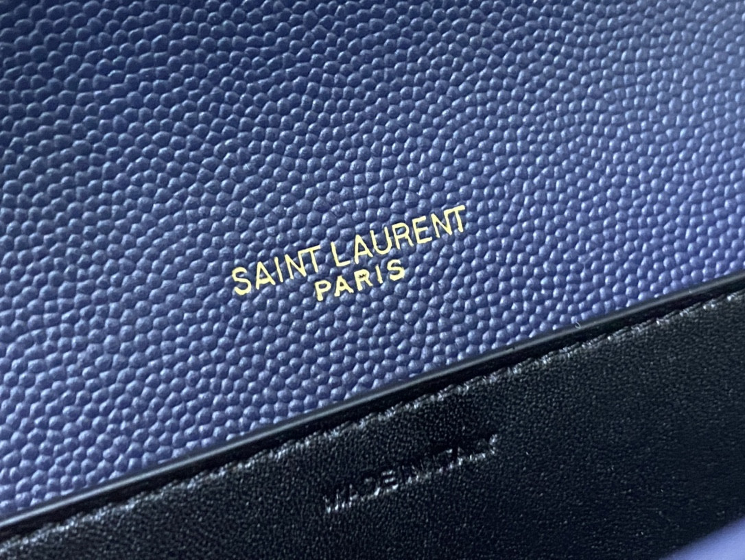 Y*L UPTOWN CHAIN WALLET IN GRAIN DE POUDRE EMBOSSED LEATHER NAVY 7.5 X 4.7 X 1.2 INCHES