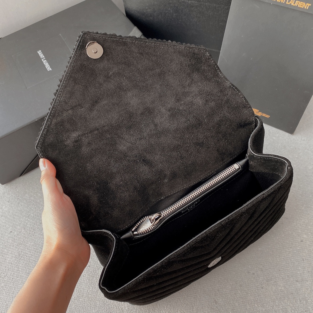 Y*L COLLEGE MEDIUM IN QUILTED LEATHER BLACK SILVER 9.4 X 6.6 X 2.5 INCHES