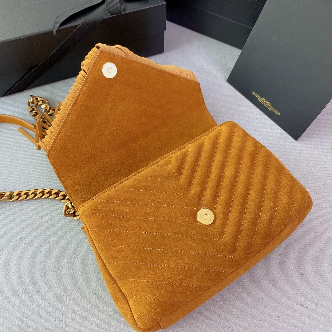 Y*L COLLEGE MEDIUM IN QUILTED SUEDE ORANGE 9.4 X 6.6 X 2.5 INCHES