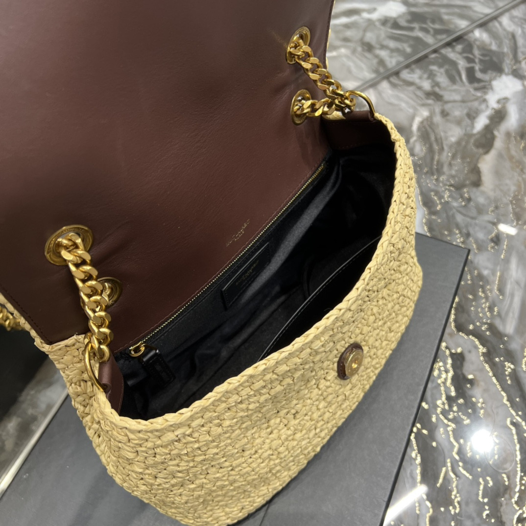 Y*L NIKI MEDIUM CHAIN BAG IN RAFFIA AND LEATHER BEIGE 11 X 7.8 X 3.3 INCHES