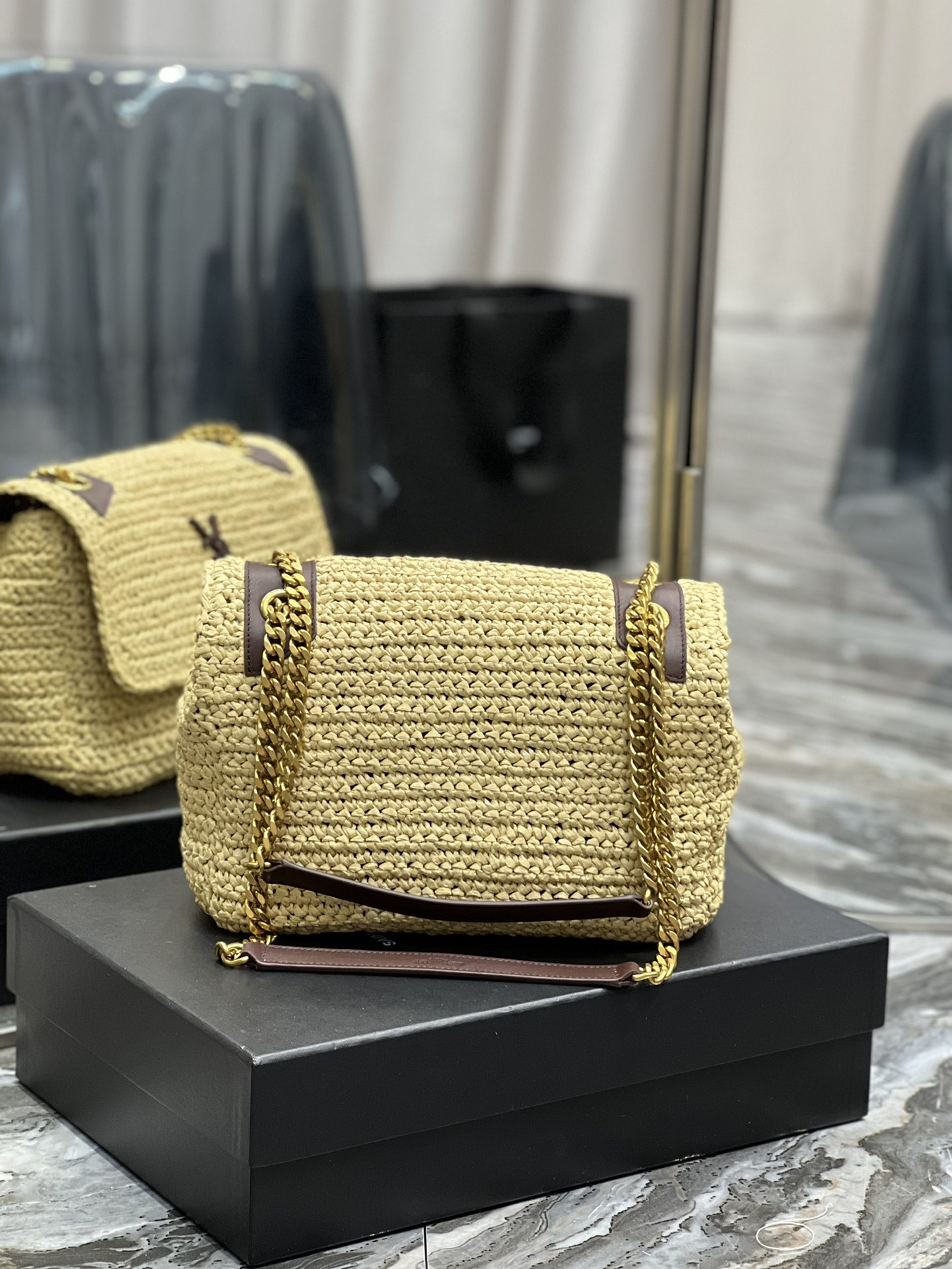 Y*L NIKI MEDIUM CHAIN BAG IN RAFFIA AND LEATHER BEIGE 11 X 7.8 X 3.3 INCHES