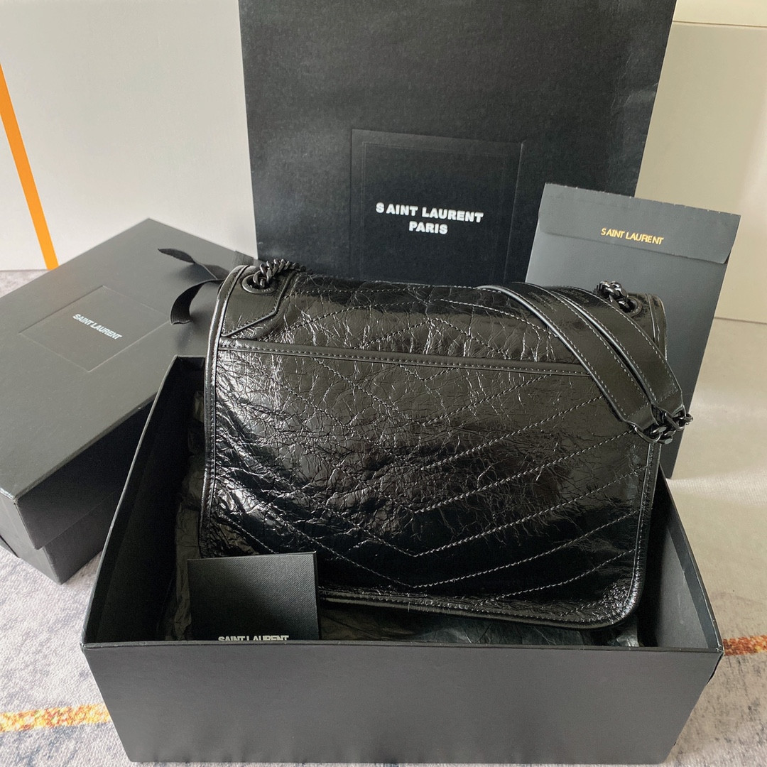 Y*L NIKI MEDIUM IN VINTAGE LEATHER ALL BLACK 11 X 7.8 X 3.3 INCHES