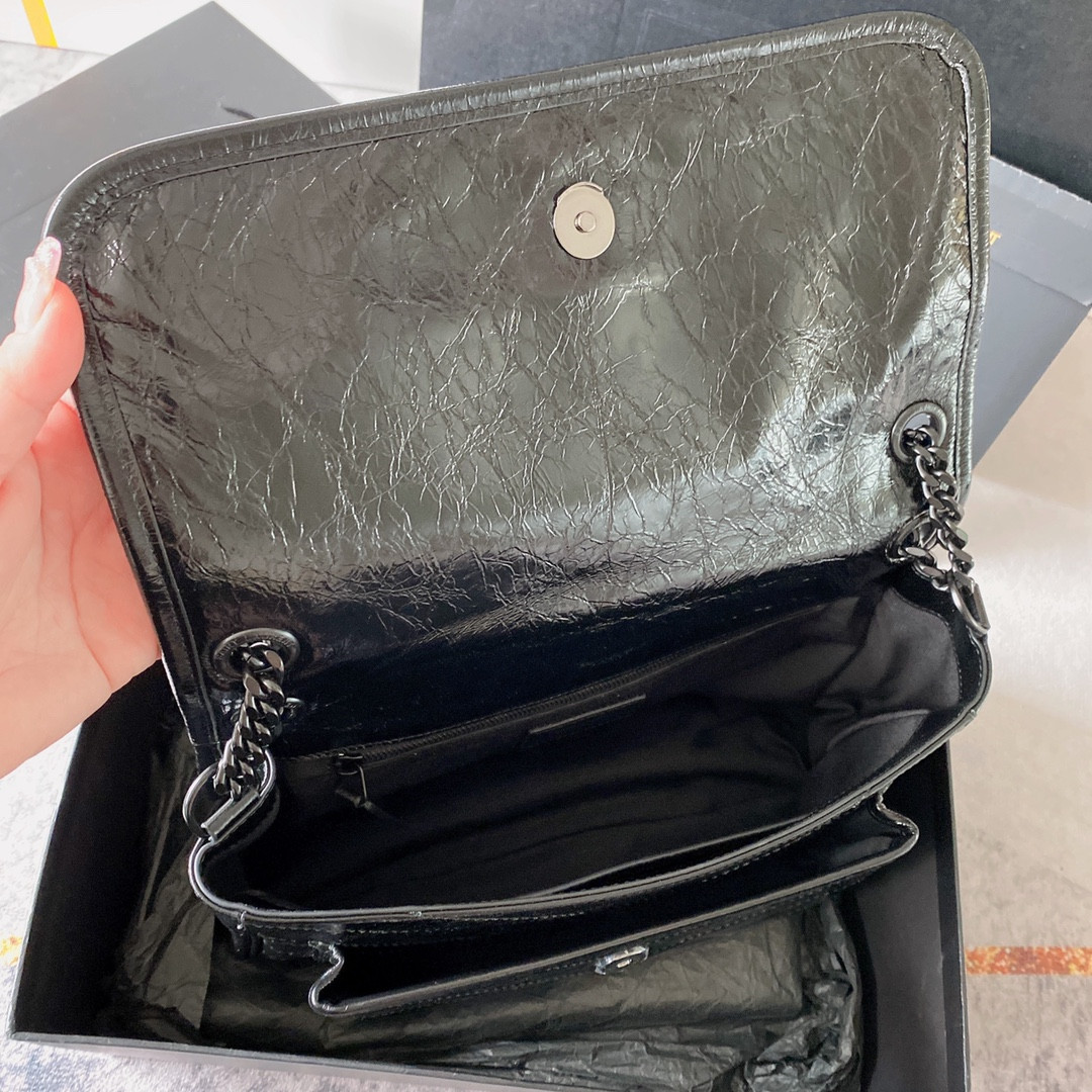 Y*L NIKI MEDIUM IN VINTAGE LEATHER ALL BLACK 11 X 7.8 X 3.3 INCHES