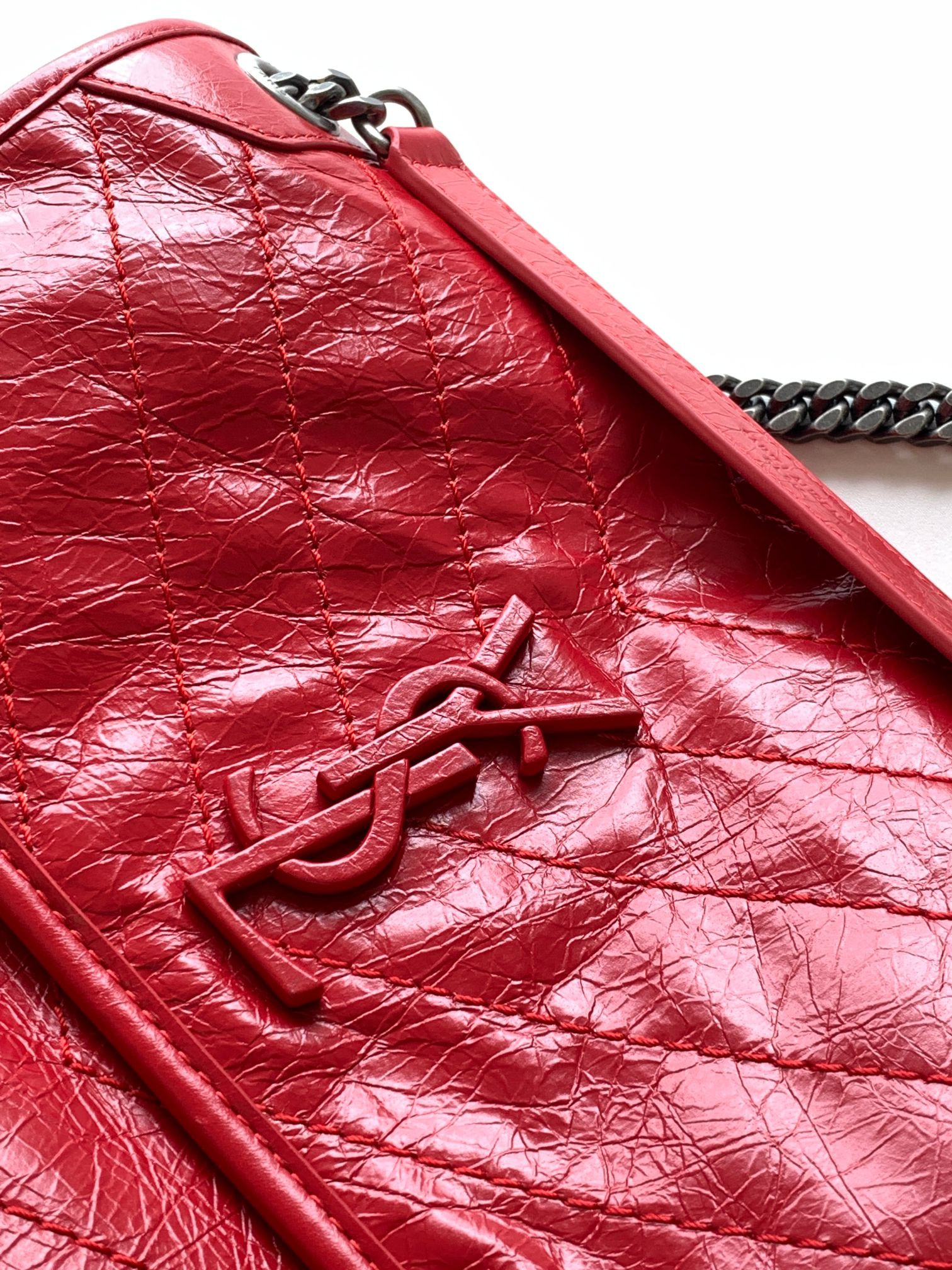 Y*L NIKI MEDIUM IN VINTAGE LEATHER SHINY RED 11 X 7.8 X 3.3 INCHES